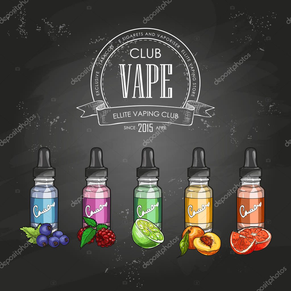 Vector color sketch electronic cigarette with juice to fill on a chalkboard