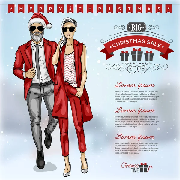 ベクトル イラスト サンタ帽子とサングラス クリスマス セール女の子男 — ストックベクタ