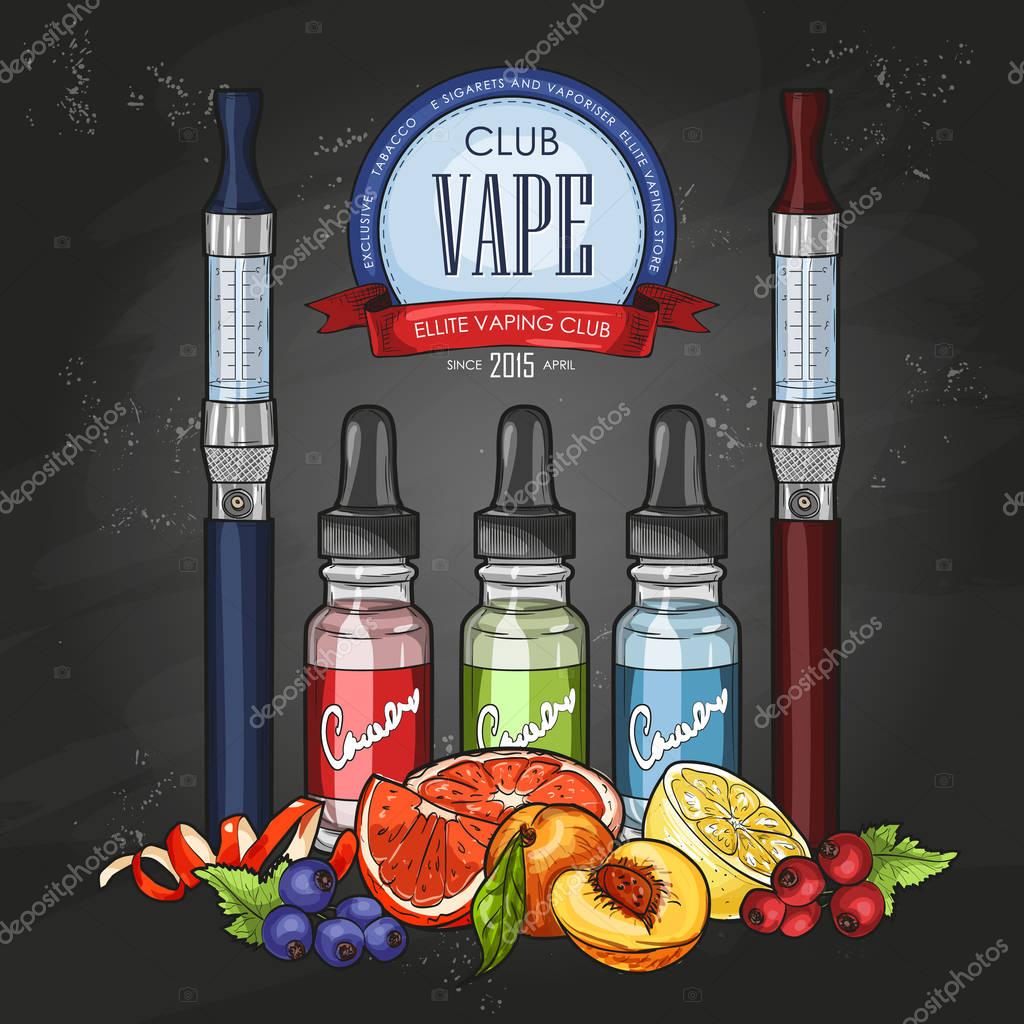 Vector color sketch vaporizer cigarette vaping label with juice to fill on a chalkboard