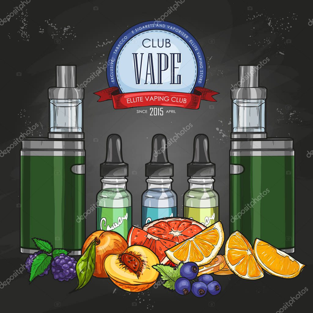 Vector color sketch vaporizer cigarette with juice to fill on a chalkboard