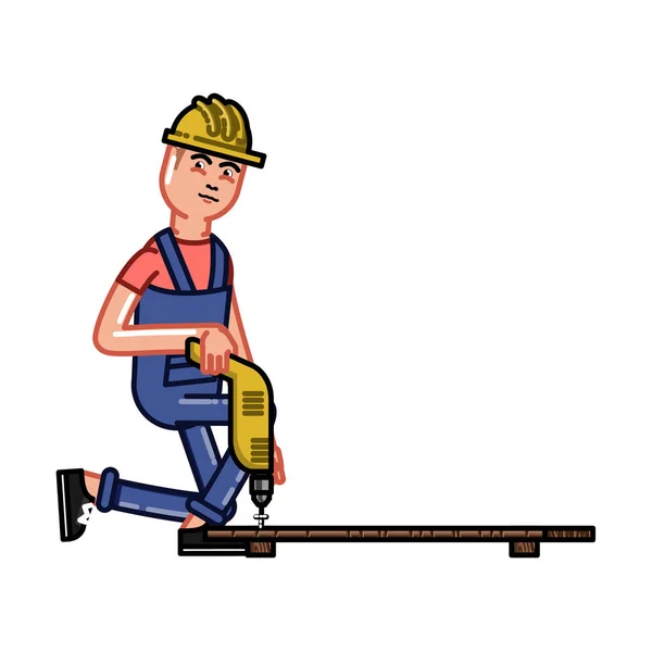 Construtor trabalha com uma broca — Vetor de Stock