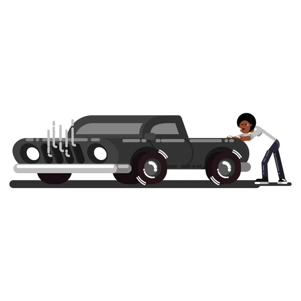 Černý muž tlačí rozbité auto — Stockový vektor