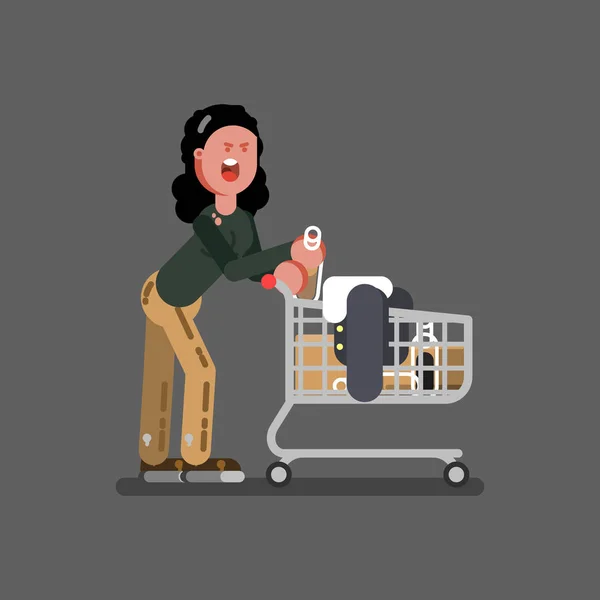 Obdachloses Mädchen mit Einkaufswagen — Stockvektor