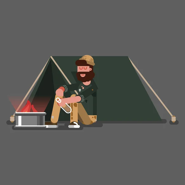 Homeless warms himself near tent — Stock Vector