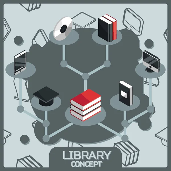 Könyvtár fogalma izometrikus ikonok — Stock Vector