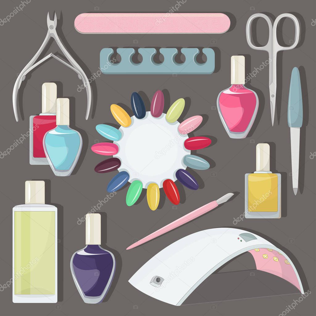 Nail salon set. Manicure-pedicure set with nails, nail polish, scissors, manicure equipment.