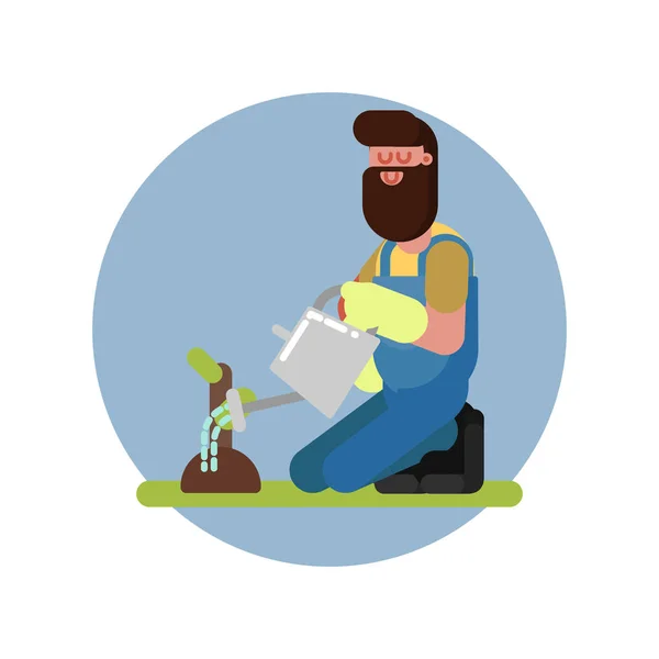 El hombre regando la planta de rodillas — Vector de stock