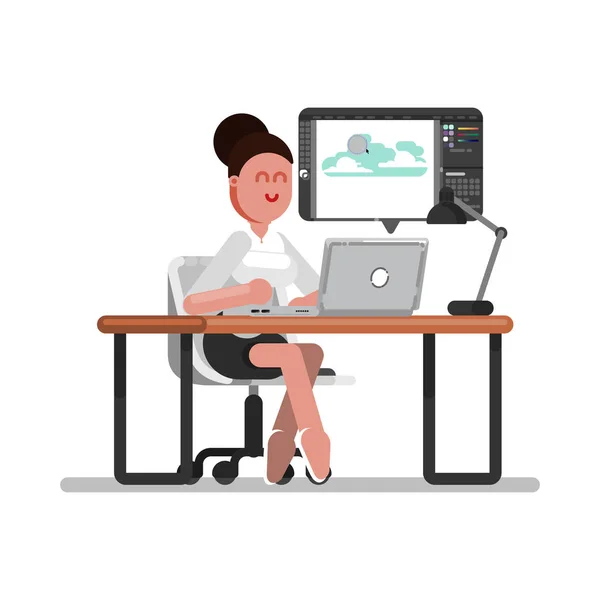 Σχεδιαστής γυναίκα κάνει απεικόνιση σε φορητό υπολογιστή — Διανυσματικό Αρχείο