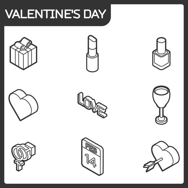 Día de San Valentín color contorno iconos isométricos — Vector de stock