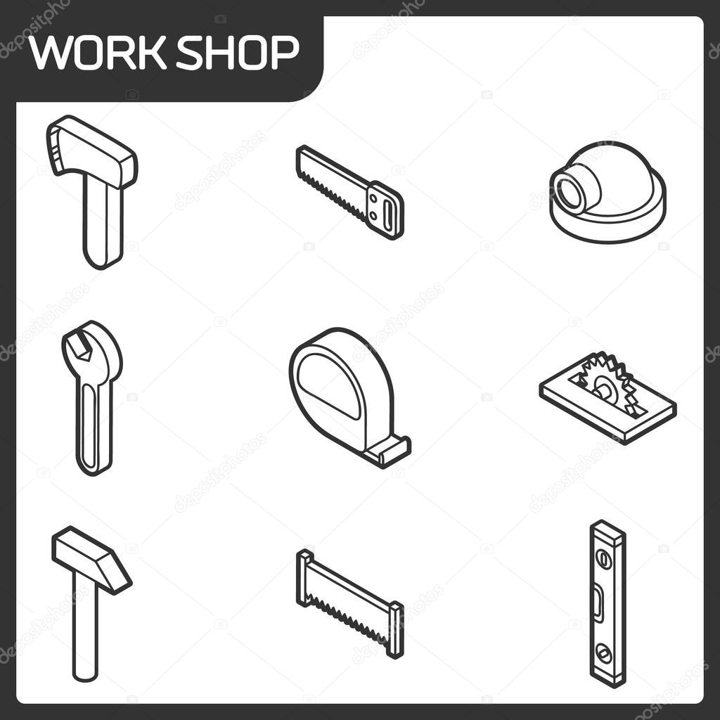 Work shop outline isometric icons