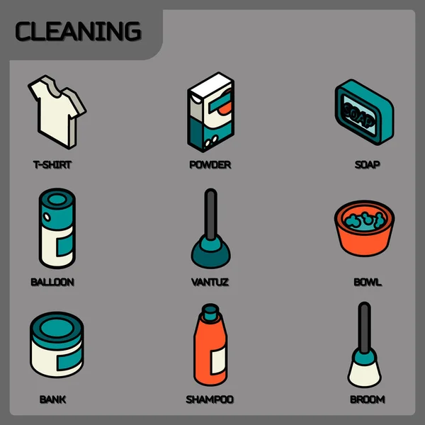Iconos isométricos del contorno del color de limpieza — Vector de stock