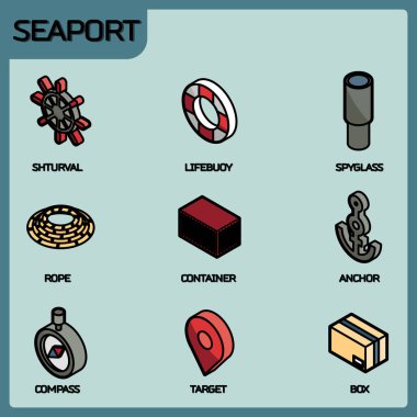 Seaport renkli anahat izometrik simgeleri