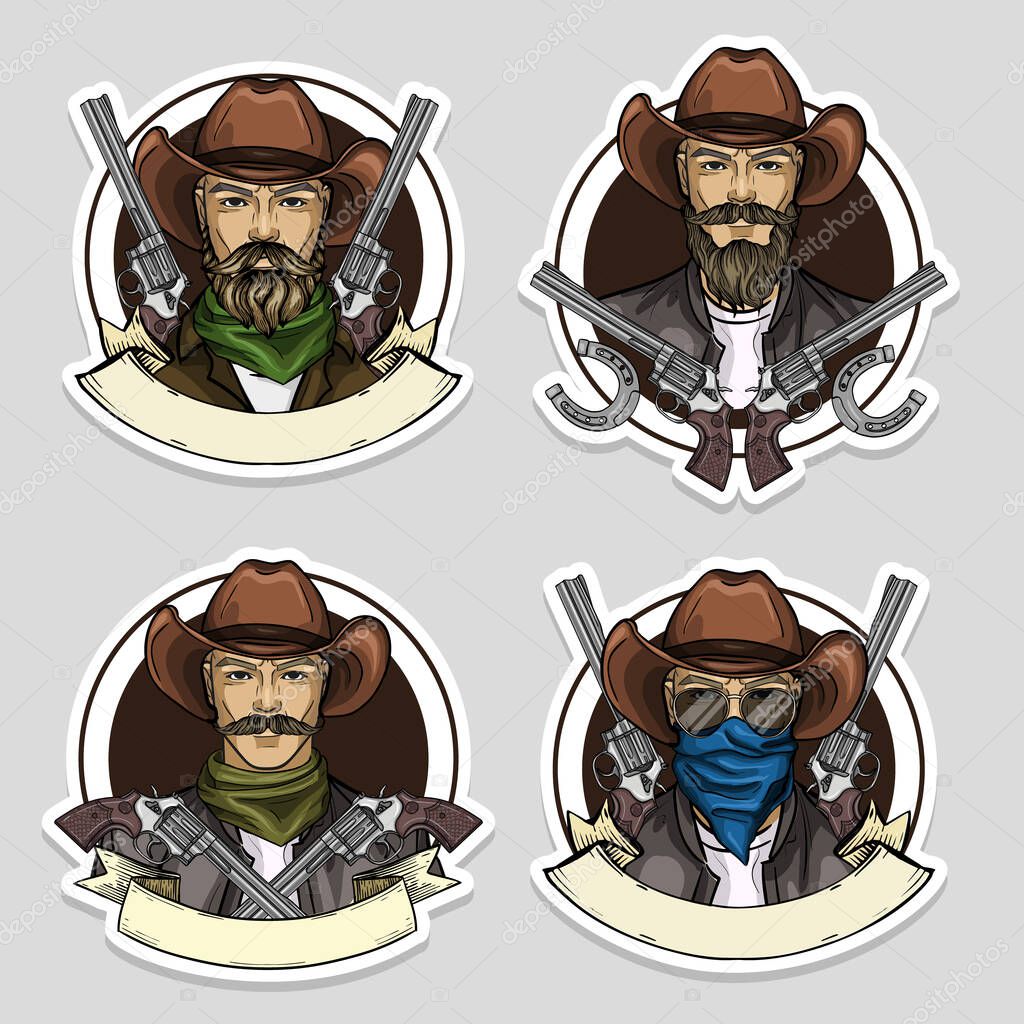 Hand drawn sketch cowboy set