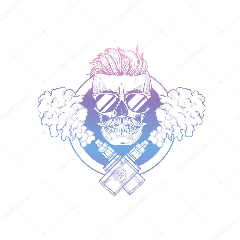 Sketch of hipster skull with mustaches, vaporizer cigarette, liquid to fill, sunglasses and clouds of smoke