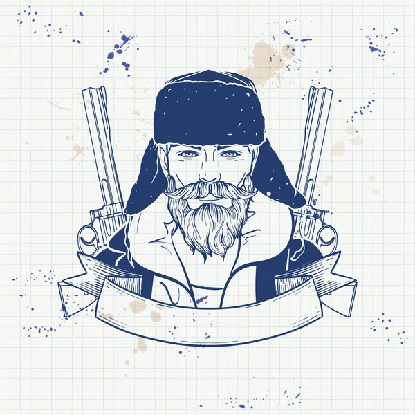 Bosquejo cazador hombre con barba — Archivo Imágenes Vectoriales