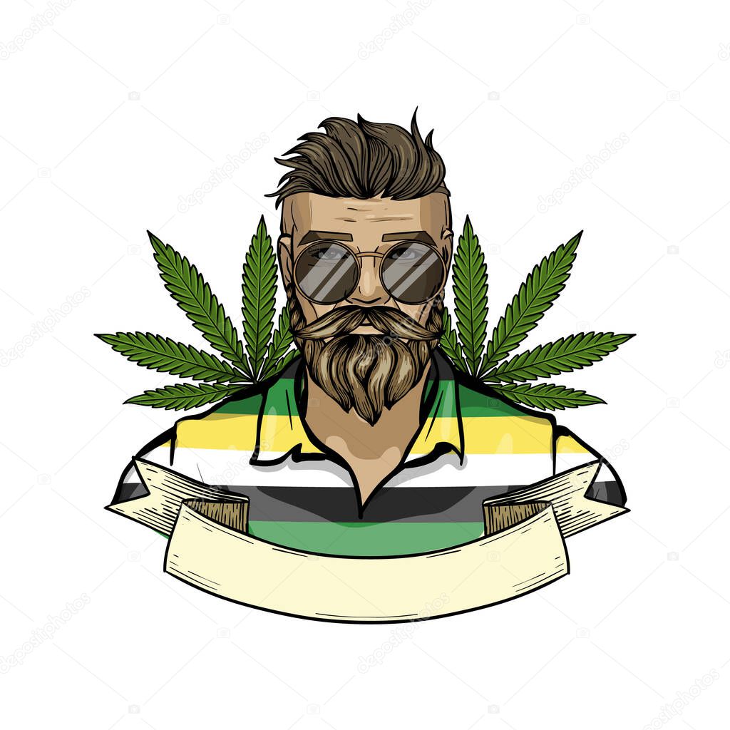 Hand drawn color sketch, rastaman with beard and mustaches. Poster, flyer design