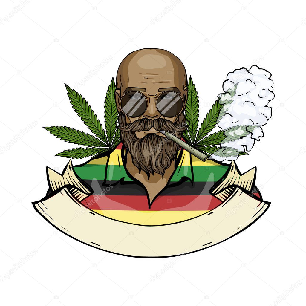 Hand drawn color sketch, rastaman with beard, mustaches and cigarette. Poster, flyer design