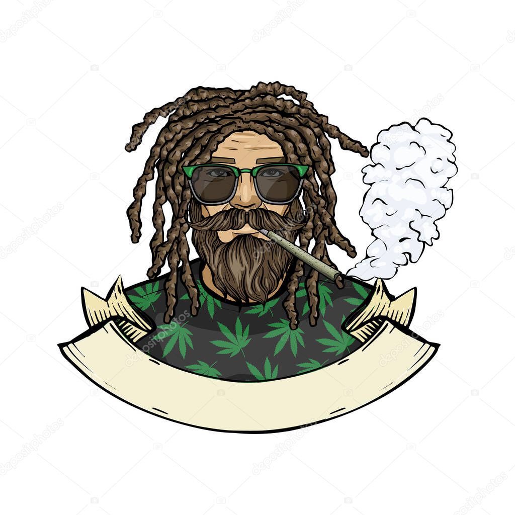 Hand drawn color sketch, rastaman with beard, mustaches and dreadlocks. Poster, flyer design
