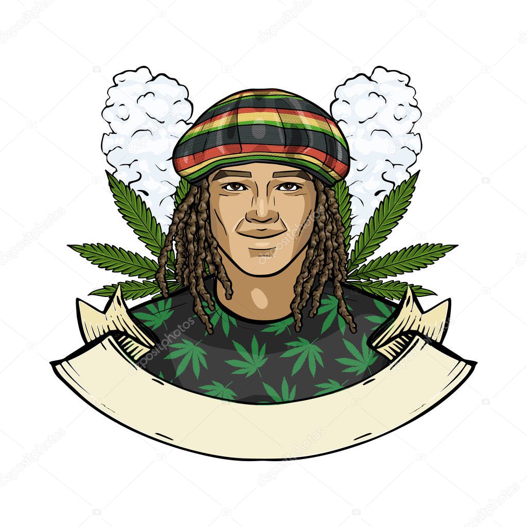 Hand drawn color sketch, rastaman with dreadlocks and hat. Poster, flyer design