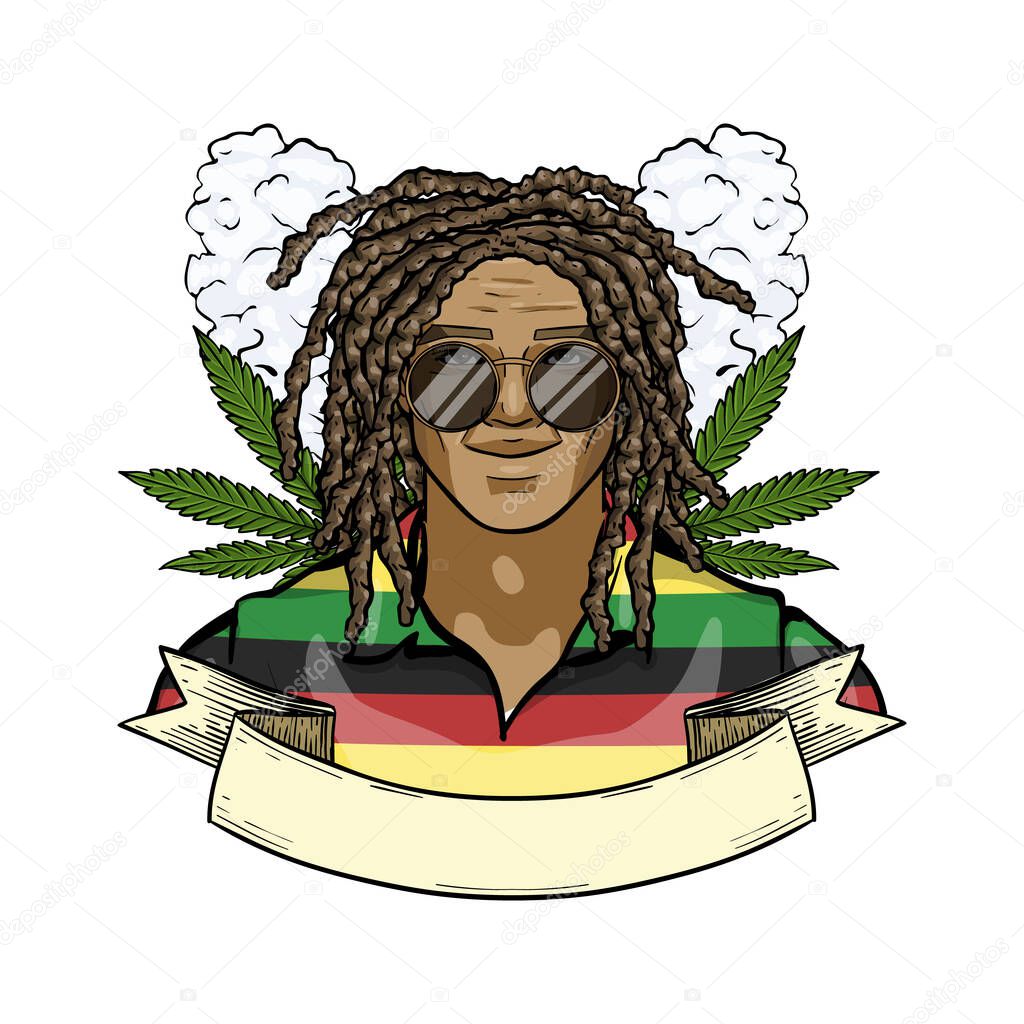 Hand drawn color sketch, rastaman with dreadlocks and sunglasses. Poster, flyer design
