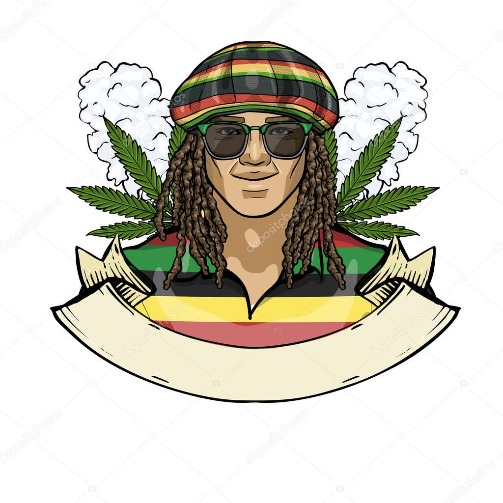 Hand drawn color sketch, rastaman with dreadlocks, hat and sunglasses. Poster, flyer design