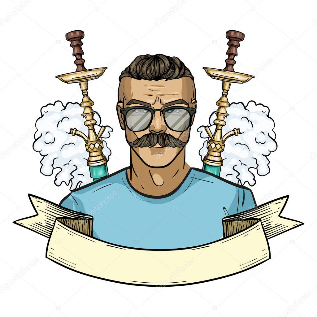 Color hipster with hookah, mustaches, glasses and clouds of smoke. Poster, flyer design
