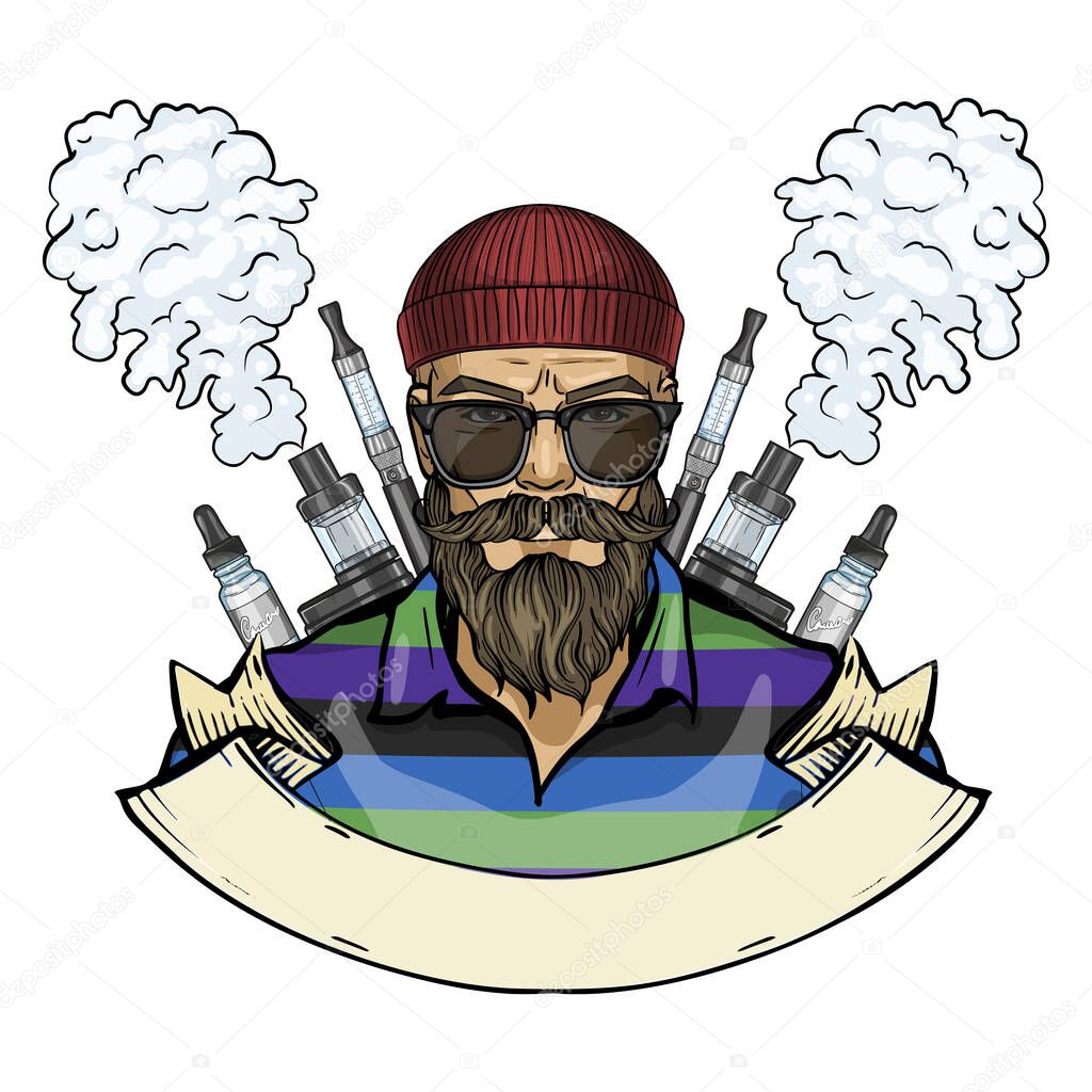 Color hipster with knitted hat, sunglasses, beard and mustaches, vaporizer cigarette and clouds of smoke
