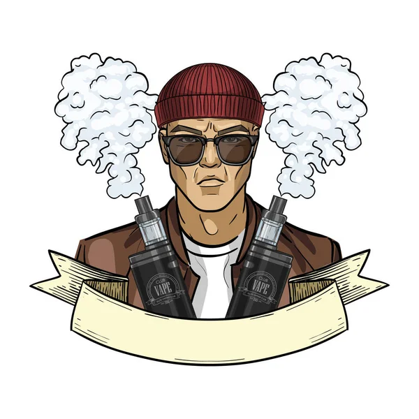 Sketch of hipster man with vaporizer cigarette — Stock vektor