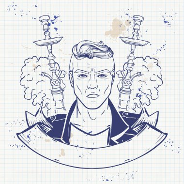 Sketch of hipster with hookah on a notebook