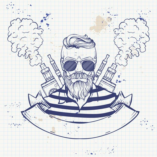 Sketch of hipster with a vaporizer cigarette — Stok Vektör