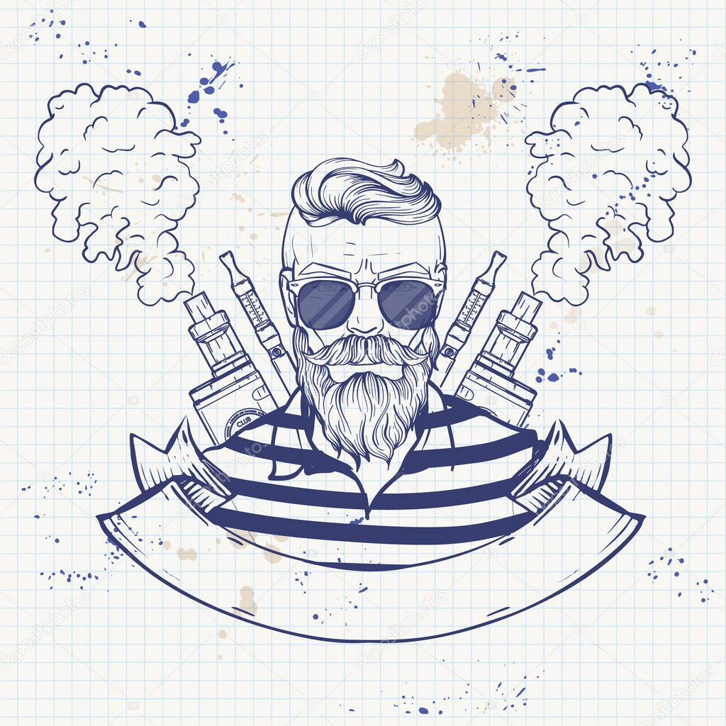 Hipster sketch with beard and mustaches, vaporizer and clouds of smoke. Poster, flyer design on a notebook page
