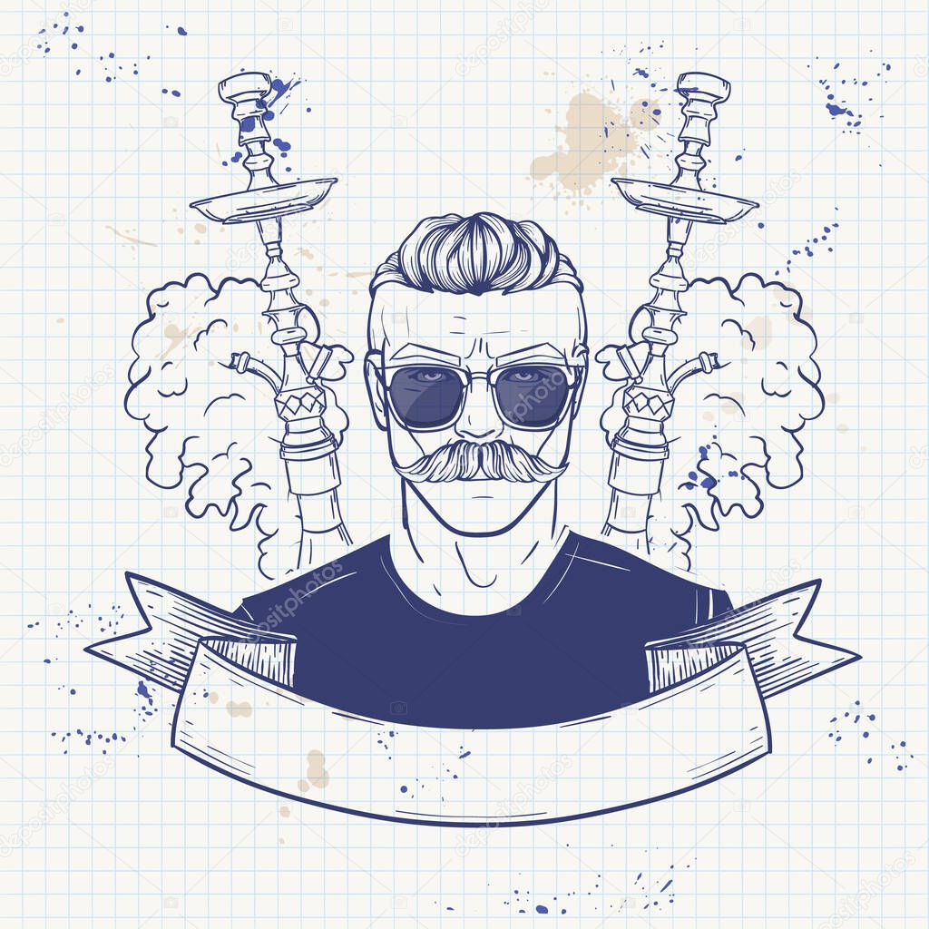 Hipster sketch with hookah, mustaches, glasses and clouds of smoke. Poster, flyer design on a notebook page