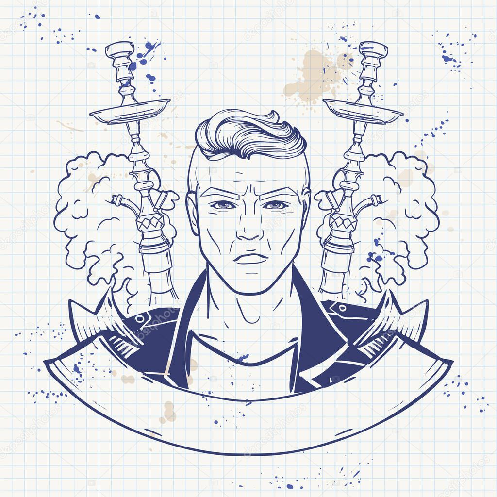 Hipster sketch with hookah, vaporizer cigarette and clouds of smoke. Poster, flyer design on a notebook page