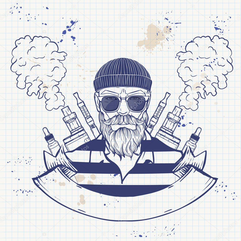 Hipster sketch with knitted hat, sunglasses, beard and mustaches, vaporizer cigarette and clouds of smoke on a notebook page
