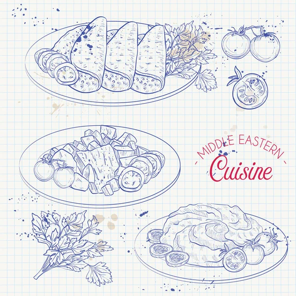 Cocina de Oriente Medio, platos árabes . — Vector de stock