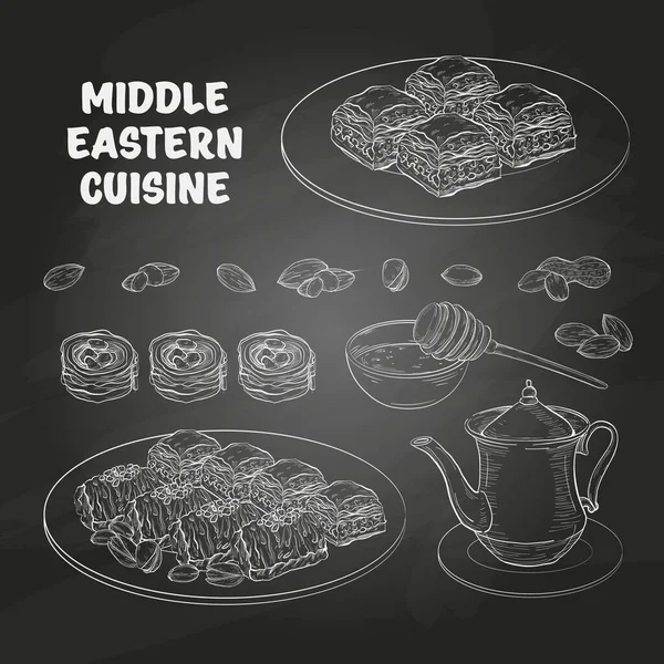 Comida árabe. Doces e chá do Oriente Médio — Vetor de Stock