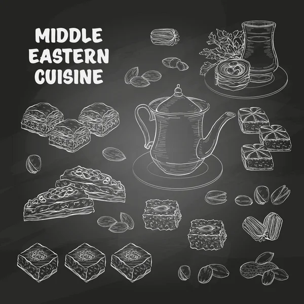 Comida árabe. Dulces y té de Oriente Medio — Vector de stock