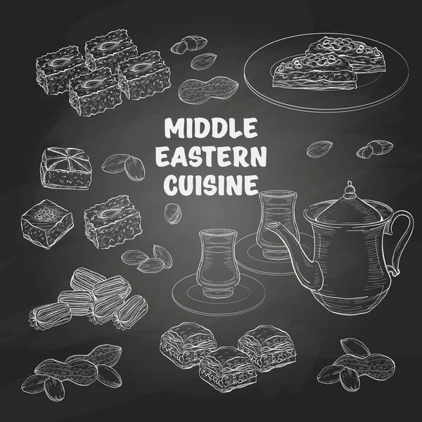 Арабская еда. Ближневосточные сладости и чай — стоковый вектор