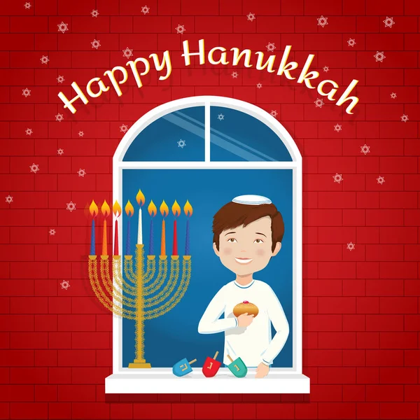 Joyeux Hanoukka carte de vœux garçon de vacances juif avec des symboles traditionnels — Image vectorielle
