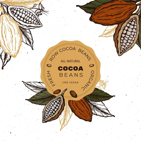 ココア豆手描きヴィンテージスケッチイラストラベル — ストックベクタ