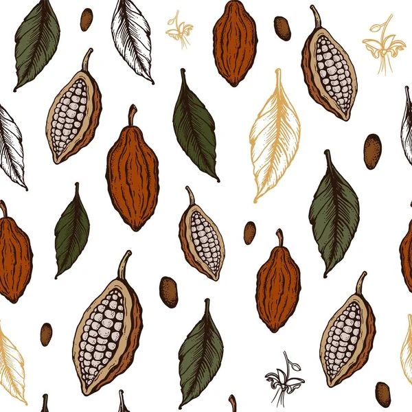 Fèves de cacao motif sans couture croquis illustration vectorielle dessinée à la main . — Image vectorielle