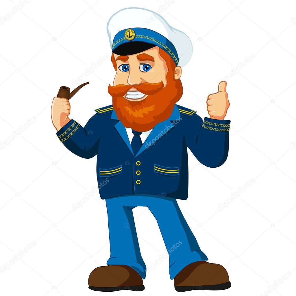 Navy captain character cartoon mascot, old redhead sailor, skipper smiling, smoking pipe in uniform, with thumb up. Vector illustration isolated for logo, mascot, stickers and more.