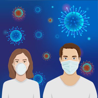 Coronavirus. Roman Corona virüsü COVID-19, virüsü önlemek için koruyucu tıbbi maske takan insanlar, erkekler ve kadınlar. Koronavirüs kavramı karantina salgını yayılma vektörü çizimi.
