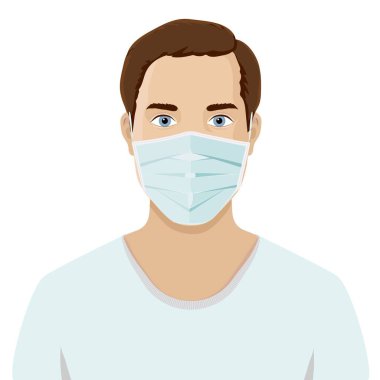 Hastalığı, gribi, hava kirliliğini, kirli havayı ve dünya kirliliğini önlemek için tıbbi maske takan erkekler. Koronavirüs karantinası kavramı. Düz bir şekilde vektör illüstrasyonu.