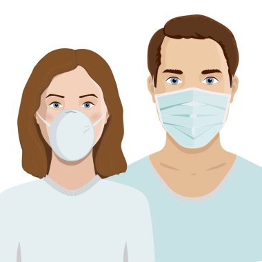 Erkekler ve kadınlar, hastalıkları, gribi, hava kirliliğini, kirli havayı ve dünya kirliliğini önlemek için koruyucu tıbbi cerrahi maske takan çift. Koronavirüs koruma ve sağlık hizmeti kavramı, karantina. Düz bir şekilde izole edilmiş vektör illüstrasyonu