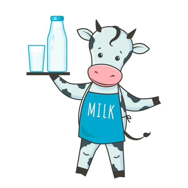 Cute Dairy Cow Cartoon Character Kawaii Flat Style Holding Milk — Stock Vector