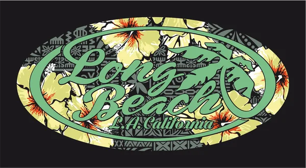 Obra de Long Beach California con hibiscos y antecedentes tribales — Vector de stock