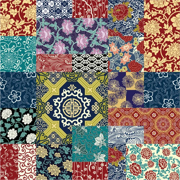 Chinese Style Fabric Patchwork Wallpaper Abstract Floral Vector Seamless Pattern — Stock Vector