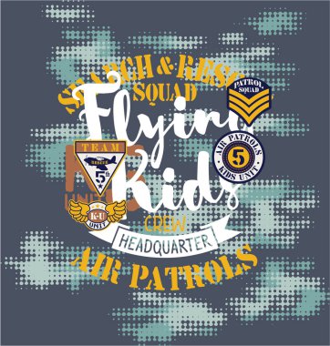 Air patrol flying kids crew, vector print for children wear with embroidery patches and camouflage background clipart