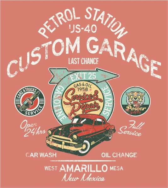 高速道路ガソリン駅サービスと修理 ベクトル印刷刺繍パッチ グランジ効果別のレイヤーを持つ少年のシャツの — ストックベクタ